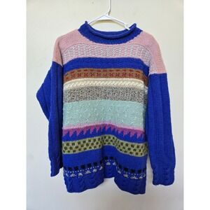 Vintage Hand Knit Sweater Pullover Rolled Neck Stripe Womens L Art To Wear